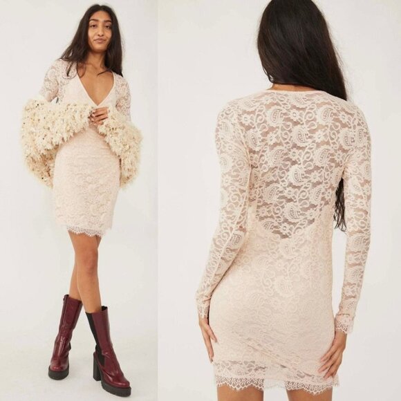 Free People Dresses & Skirts - NEW Free People Pearl Lace Long Sleeve Faux Wrap Fitted Mini Dress Ivory